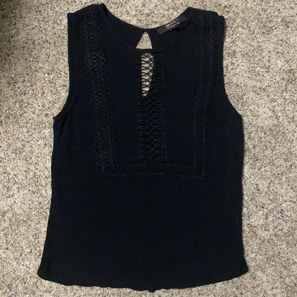 Black, crochet front detail tank top shirt, button closure back, key hole back